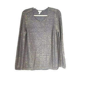 Chico's Sweater Size Medium (2) Gray w/Mini Gold Sequins LS Scoop Neck